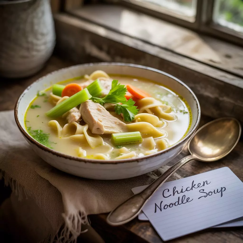 Chicken Noodle Soup Recipe – Comforting, Hearty & Easy to Make 3 Close-up of chicken noodle soup in a bowl with carrots, celery, and parsley.