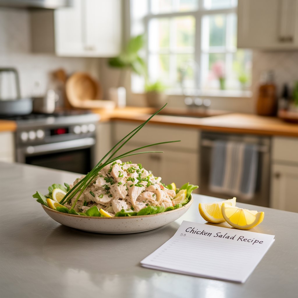 Chicken Salad Recipe – Fresh, Flavorful & Easy to Make 6 Close-up of delicious chicken salad topped with avocado slices, parsley, and lemon vinaigrette