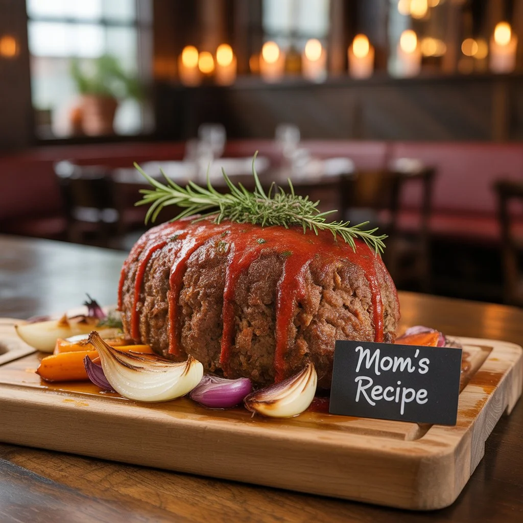Best Classic Meatloaf Recipe – Juicy, Easy & Family-Favorite! 5 Delicious homemade meatloaf topped with tomato sauce, garnished with rosemary, and served with roasted vegetables on a wooden platter. A perfect mom's recipe