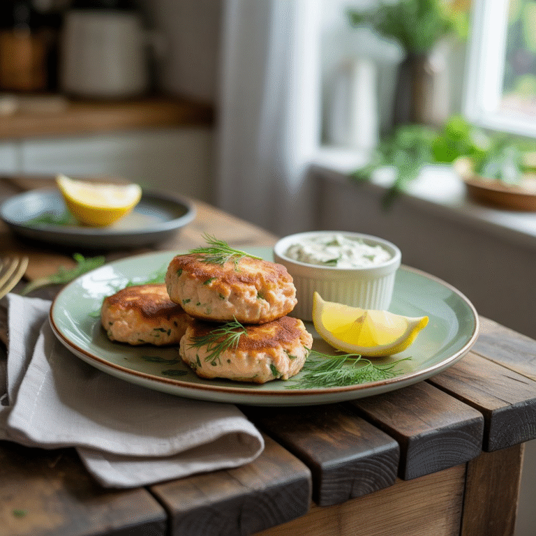 Easy Salmon Patties Recipe – Crispy, Flavorful & Ready in Minutes 4 Golden crispy salmon patties served on a white plate with fresh lemon wedges