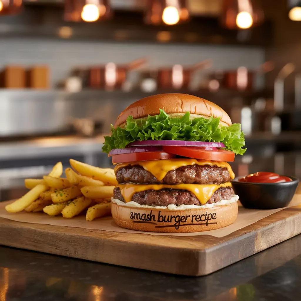 Smash Burger Recipe – The Ultimate Juicy & Crispy Burger 3 Smash burger recipe on a toasted bun with golden crispy fries