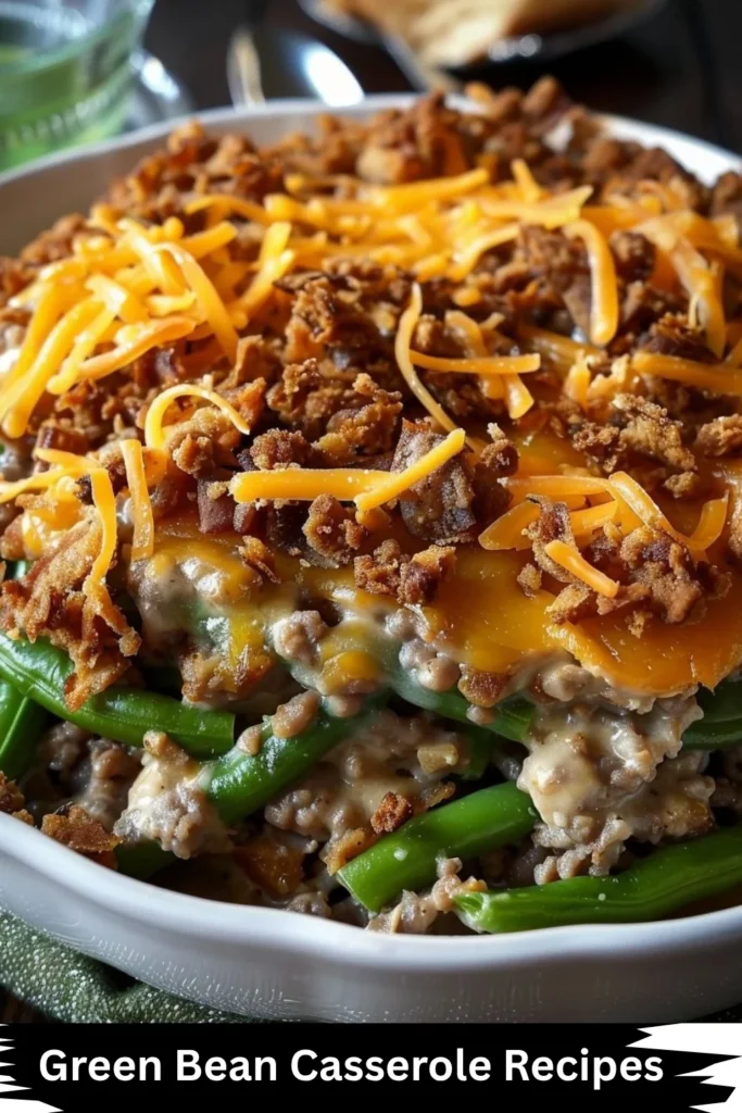 A close-up of a green bean casserole topped with melted cheddar cheese and crispy fried onions, showcasing a delicious and comforting dish.