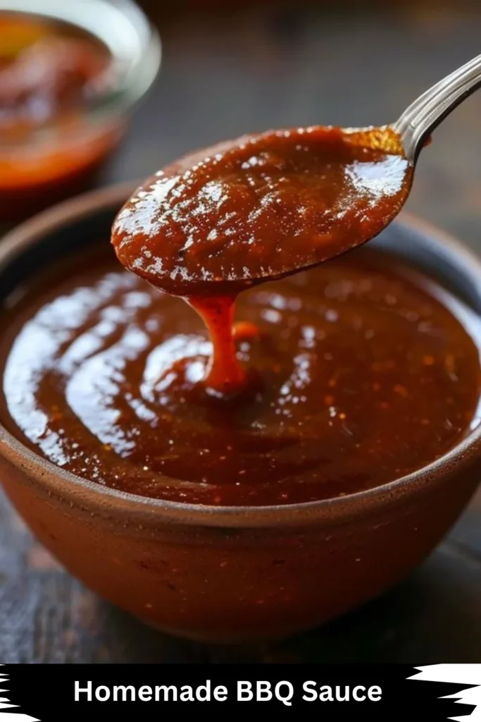 A spoon dripping with rich, thick homemade BBQ sauce over a rustic brown bowl filled with the sauce, with a blurred background.