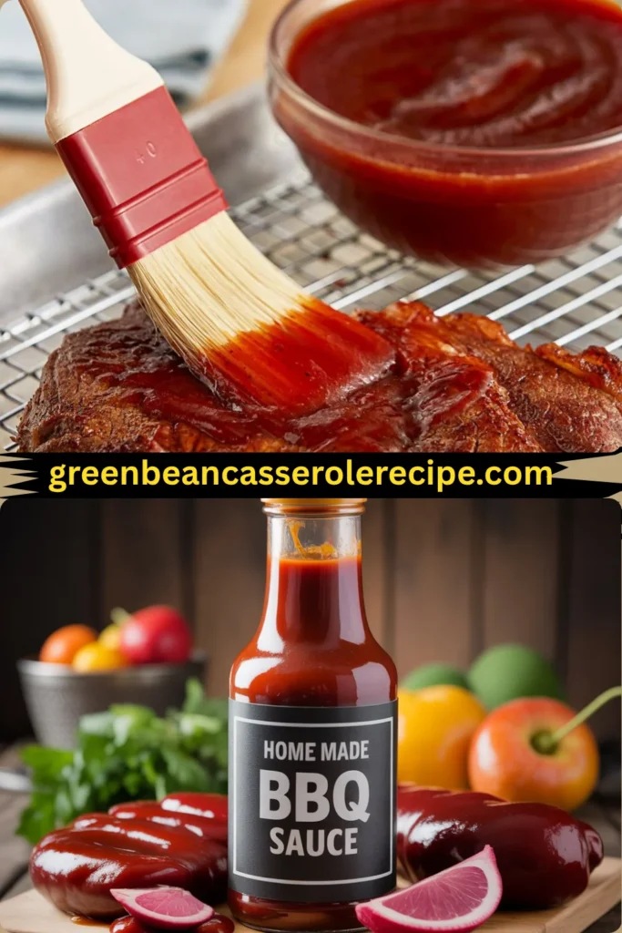 Homemade BBQ Sauce – Best Ever 5-Min Ultimate Flavor 4 Homemade BBQ sauce — the top image features a brush spreading BBQ sauce on grilled meat, and the bottom image shows a bottle labeled "Home Made BBQ Sauce" surrounded by fresh vegetables and radishes.