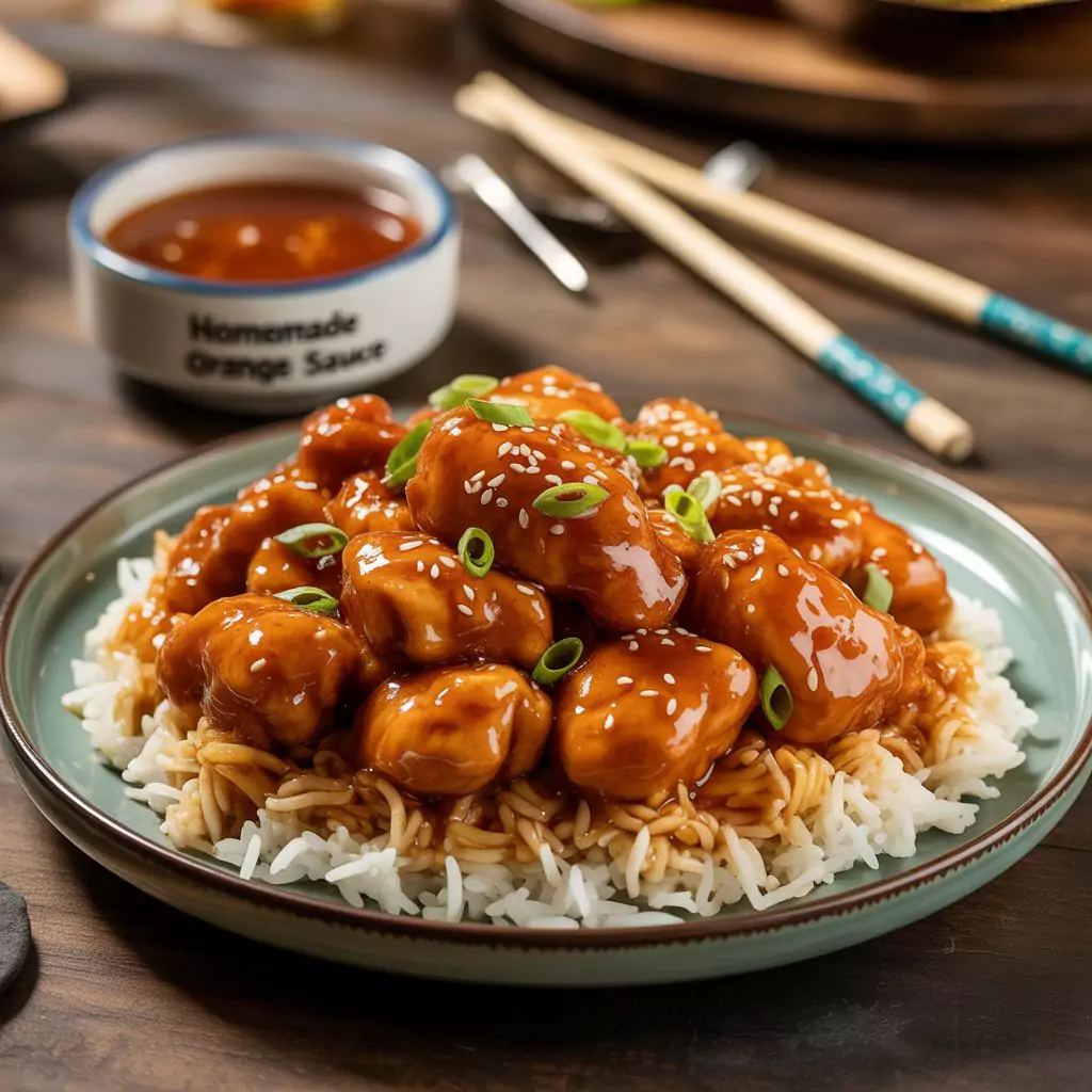 Orange Chicken Recipe – Crispy, Tangy & Better Than Takeout 3 Chinese-style orange chicken with steamed rice on a white plate