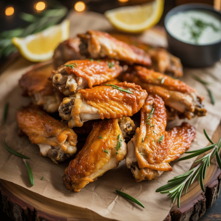 Crispy Baked Chicken Wings Recipe – Better Than Fried! 2 A close-up shot of crispy, golden chicken wings garnished with fresh rosemary, served with lemon wedges and a side of creamy dipping sauce, placed on parchment paper over a wooden surface.