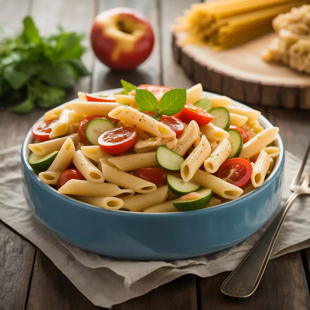 Fresh creamy pasta salad with colorful vegetables served in a white bowl