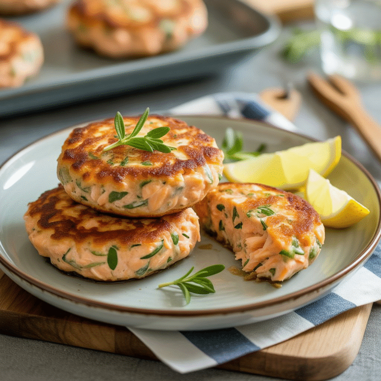 Easy Salmon Patties Recipe – Crispy, Flavorful & Ready in Minutes 2 Pan-fried salmon patties cooking to a crispy golden brown in a skillet