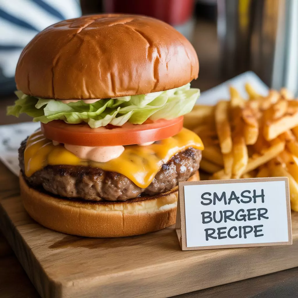 Smash Burger Recipe – The Ultimate Juicy & Crispy Burger 2 Close-up of a smash burger served with fresh lettuce, tomato, and pickles