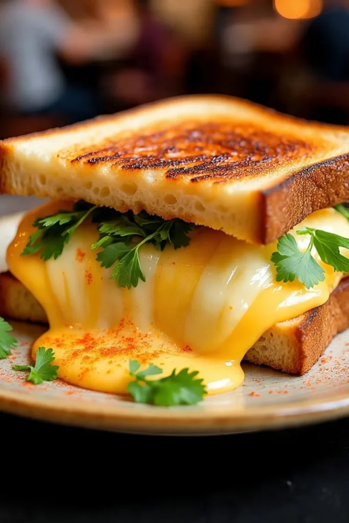 Grilled Cheese Sandwich: A Perfectly Crispy & Melty Delight 7 A close-up view of a classic grilled cheese sandwich, with the cheese oozing out from between two perfectly toasted slices of bread.