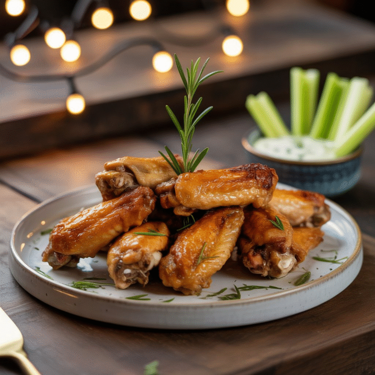 Crispy Baked Chicken Wings Recipe – Better Than Fried! 4 A plate of crispy chicken wings served with a sprig of rosemary, celery sticks, and a side of dipping sauce, illuminated by festive string lights in the background.