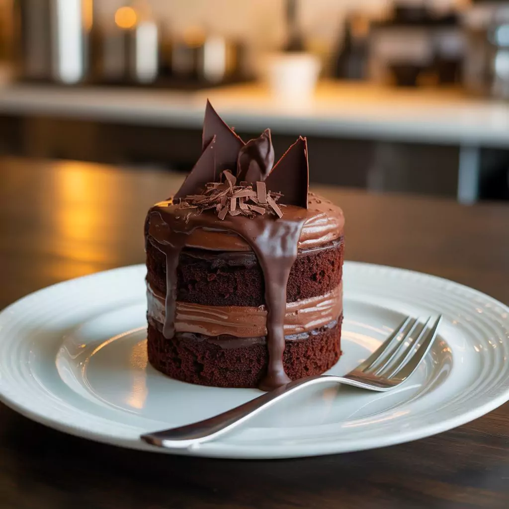 Freshly baked homemade chocolate cake covered in smooth chocolate frosting