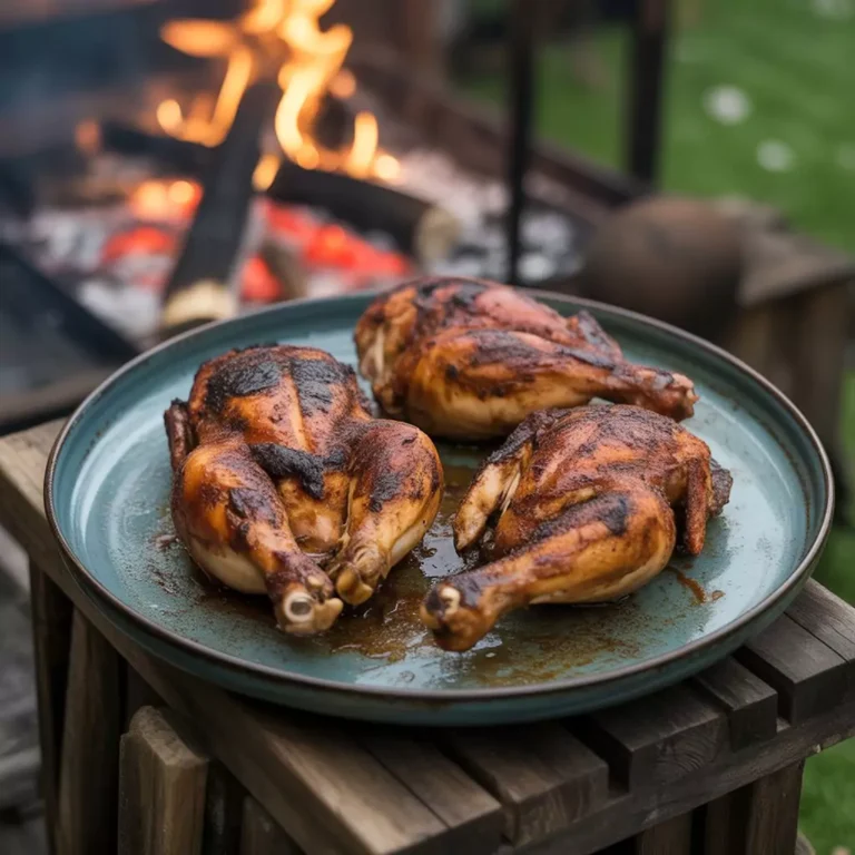 Juicy grilled BBQ chicken with smoky glaze on a wooden plate