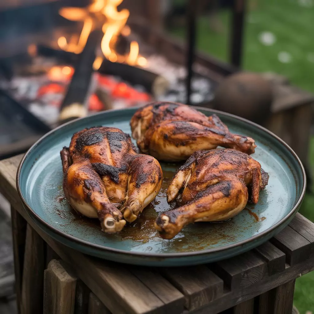 Juicy grilled BBQ chicken with smoky glaze on a wooden plate