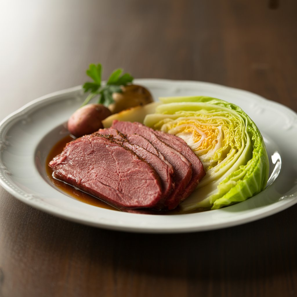 Corned Beef and Cabbage Recipe – A Classic Irish Comfort Dish 2 Tender corned beef slices served with cabbage and carrots