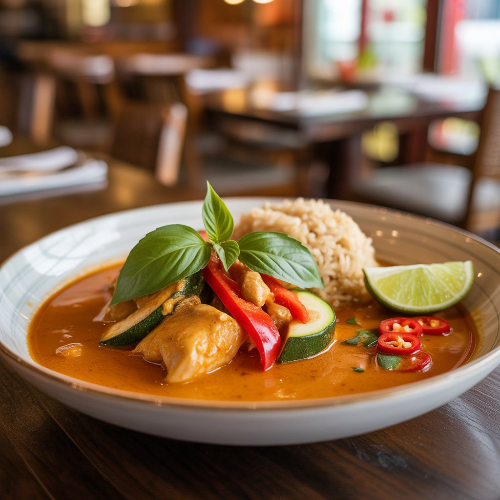Thai Red Curry Recipe – A Bold & Comforting Thai Classic 4 Close-up of Thai red curry garnished with herbs