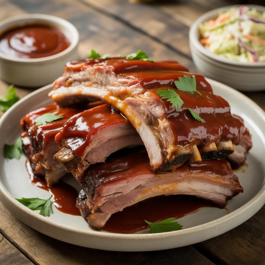 Oven Baked Ribs Recipe – Fall-Off-the-Bone Tender & Juicy! 2 Oven baked ribs glazed with BBQ sauce on a rustic board