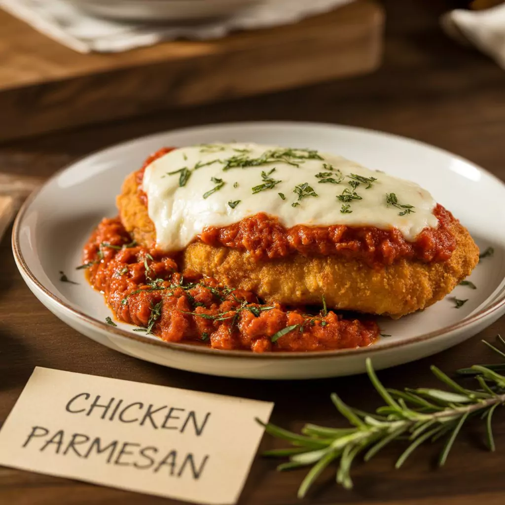 Chicken Parmesan Recipe – Crispy, Cheesy & Irresistible 3 Close-up of baked chicken parmesan with layers of cheese and tomato sauce